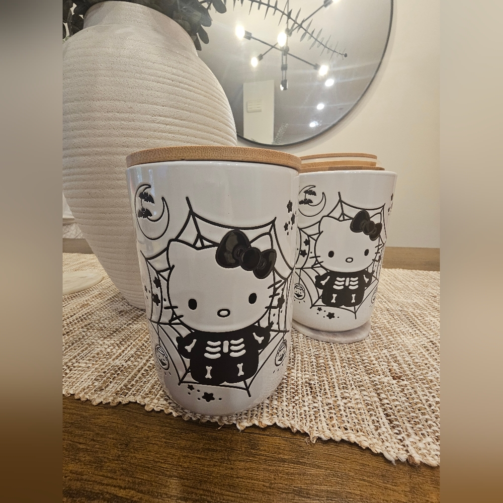 2 Hello Kitty Ceramic Canisters with Wooden Lid